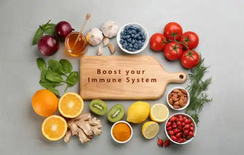 Set,of,natural,products,and,wooden,board,with,text,boost