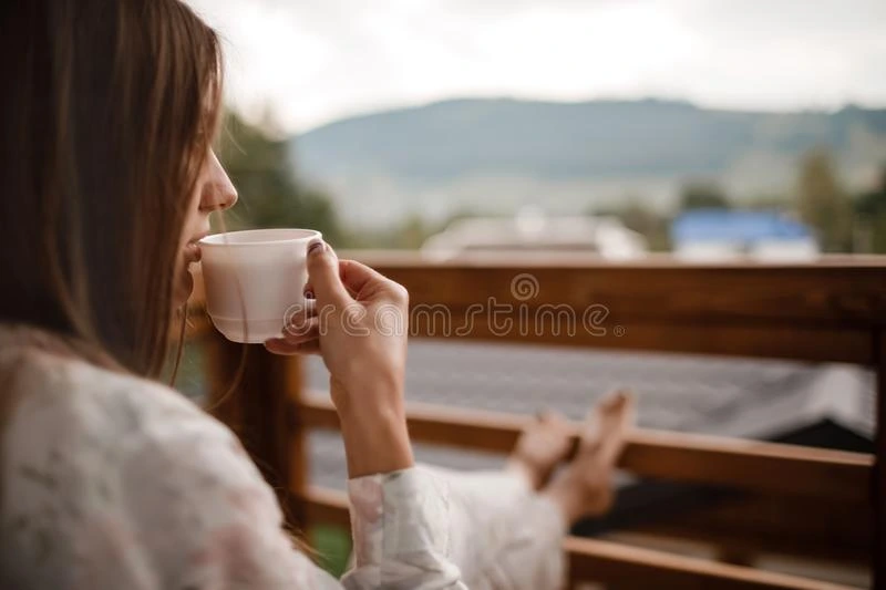 Young Woman Stylish Nightwear Enjoy Drinking Coffee Tea Outdoor Balcony Morning Looks Mountains 163730188